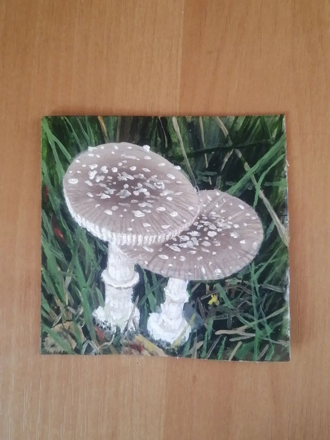 Miniature painting: Mushroom Fly Agaric. Painted with oil paints. Size 95 x 95 mm