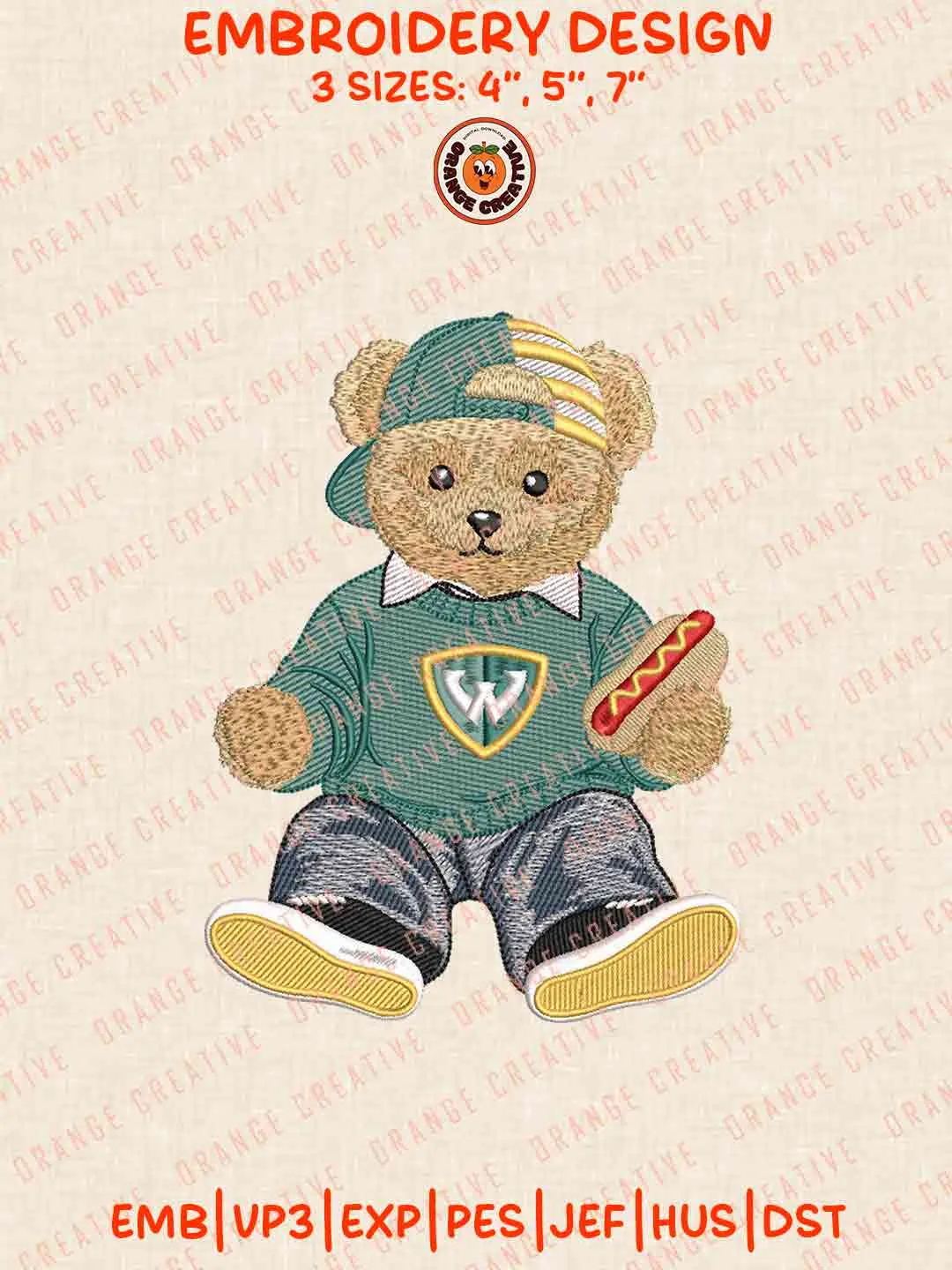 Wayne State Warrior Bear Hot Dog Embroidery Design Files, Football Embroidery Designs, Sport Machine Embroidery Files, 3 Sizes, Custom Sizes, Instant Download