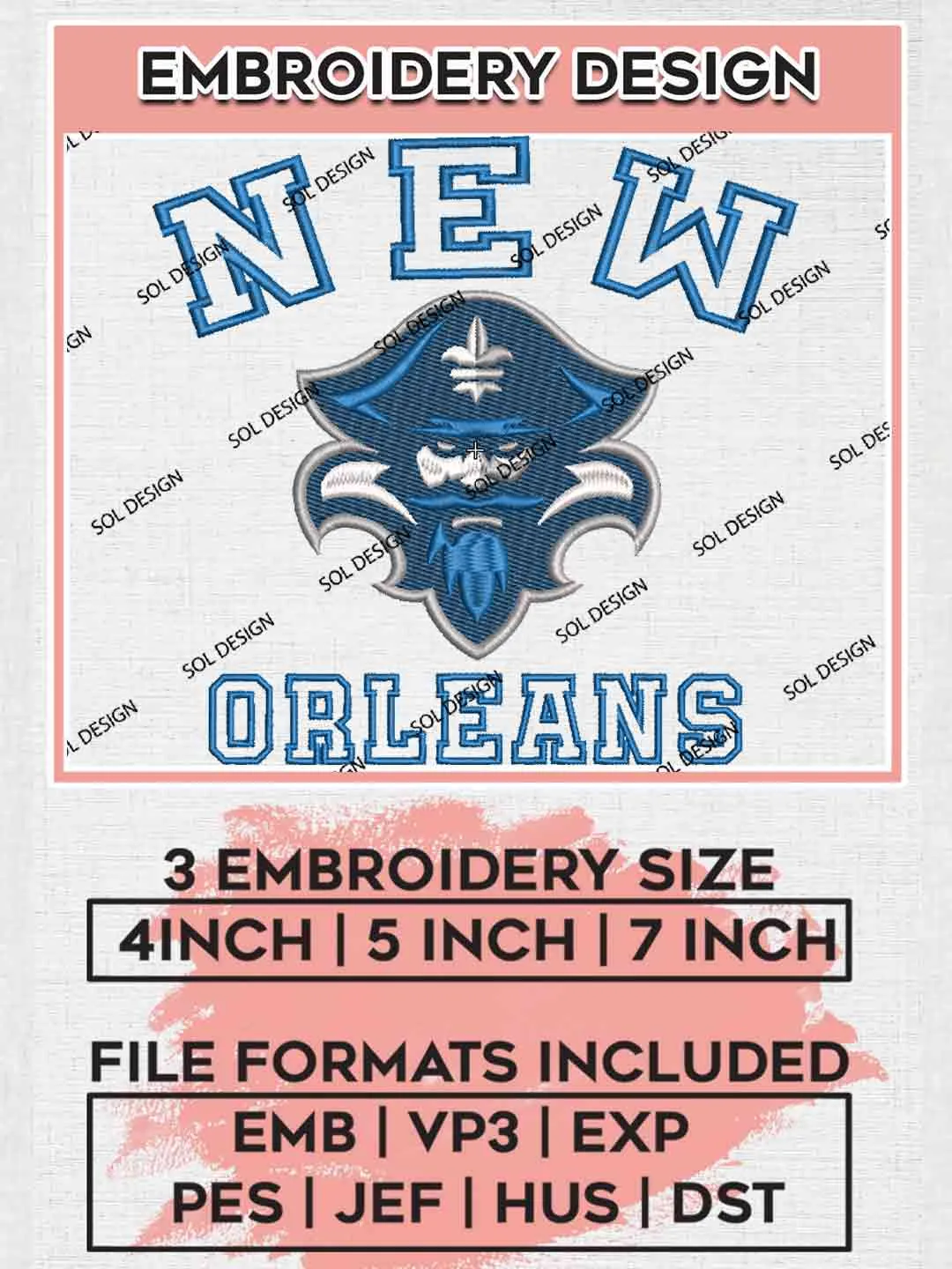 New Orleans Privateer Embroidery Design, Football Embroidery files, Sport Machine embroidery files, 3 sizes, Instant Download