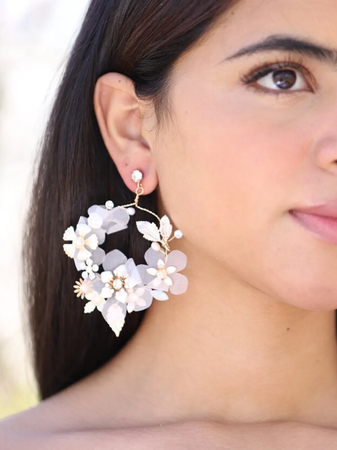 Hoop Flower Wedding Earrings, Floral Wedding Earrings, Floral Bridal Earrings, Boho Statement Wedding Earrings, Statement Bridal Earrings,