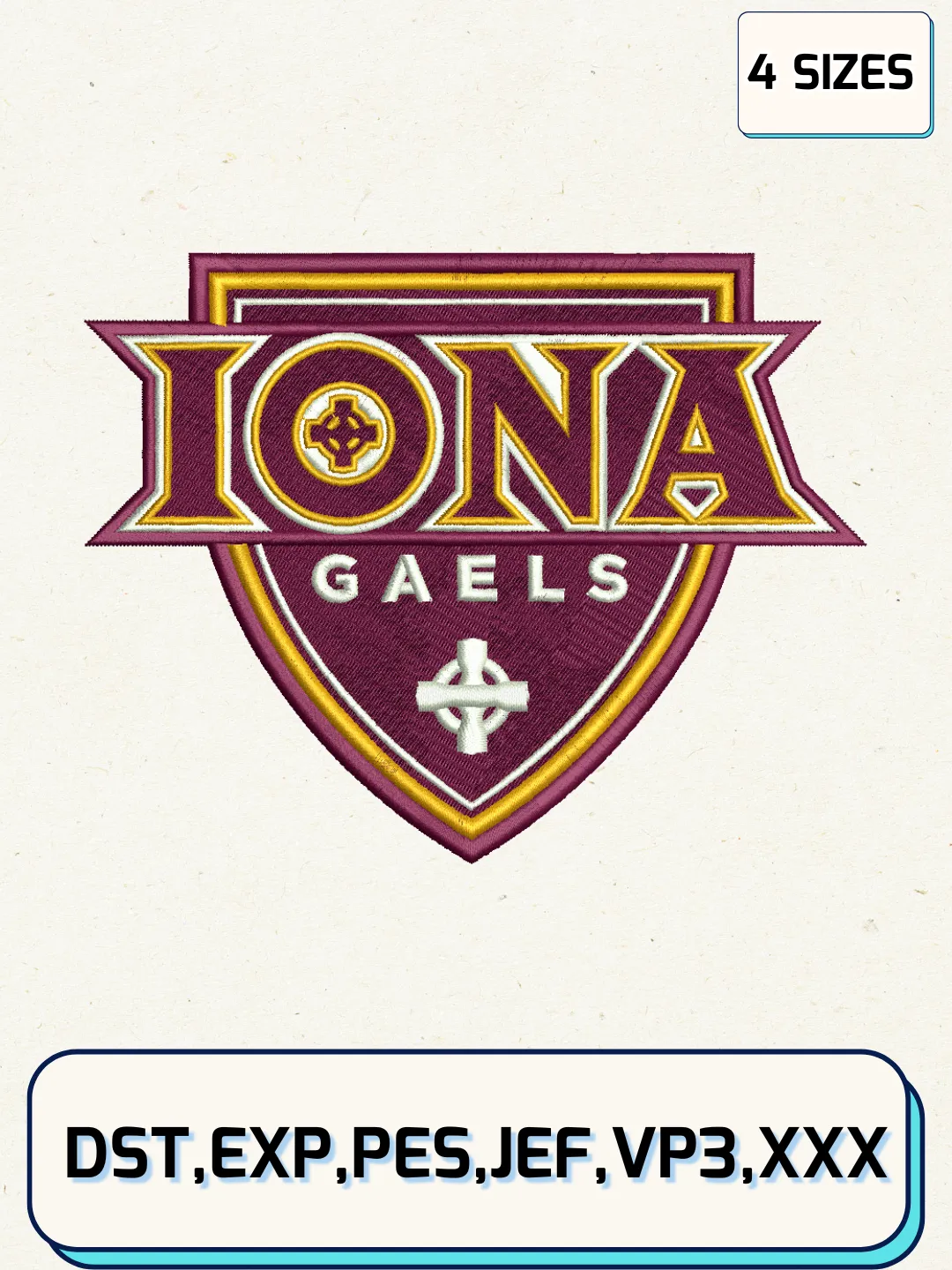 Iona Gaels Logos Embroidery Design Files, NCAA Logos Embroidery Designs, Machine Embroidery Files, 4 Sizes