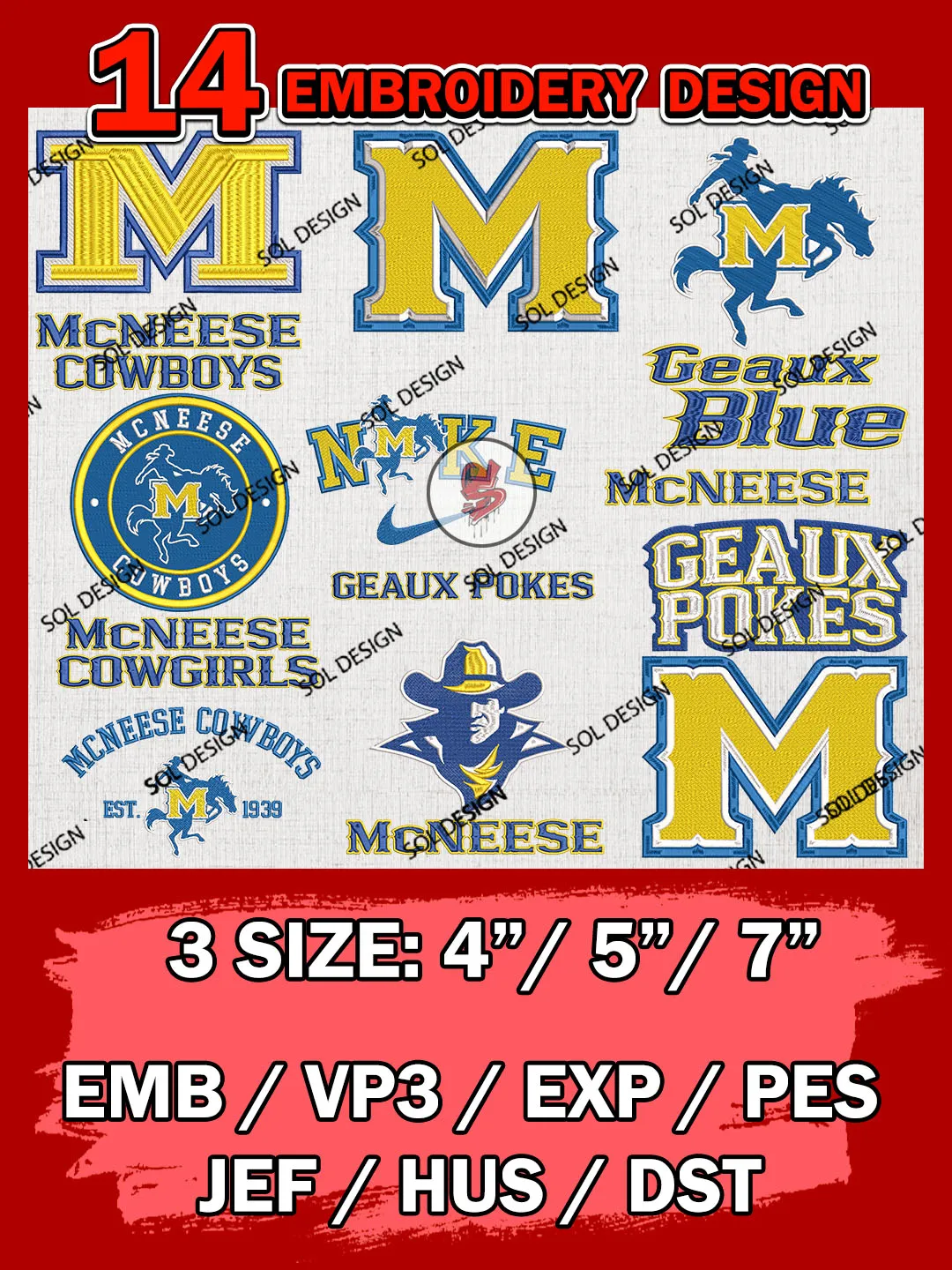 14 NCAA McNeese Cowboys Bundle Embroidery Files, NCAA McNeese Cowboys Team Bundle Embroidery Designs, NCAA Teams, National College Football Team 3 sizes, NCAA McNeese Machine Embroidery, Digital Download
