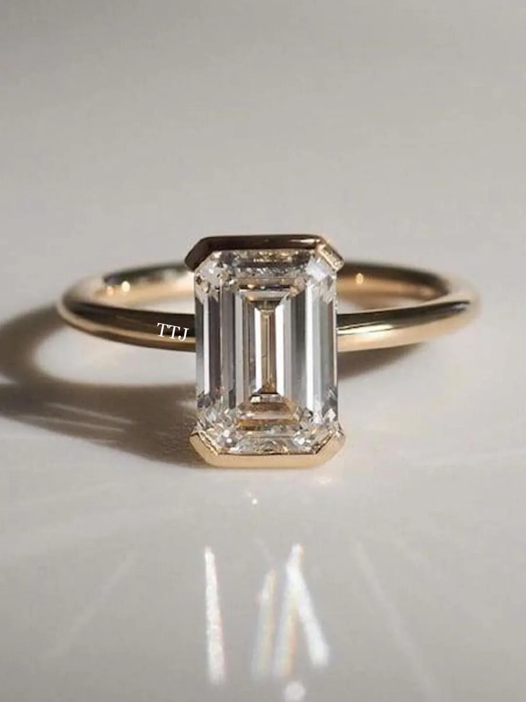 half Bezel Set Moissanite Engagement Ring 2.5 Ct Emerald Cut Diamond Solitaire Wedding & Promise Ring For Her