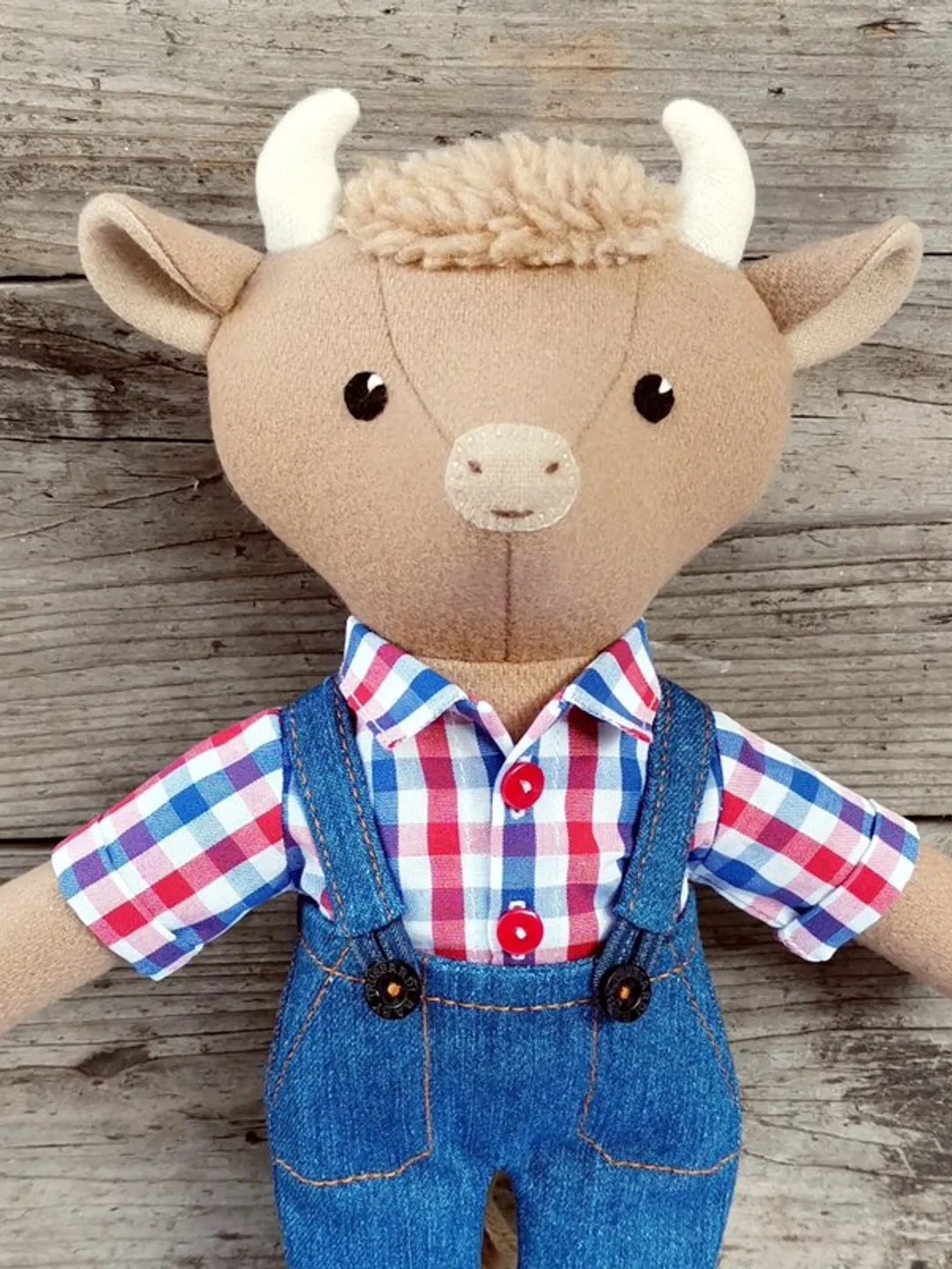 Beige bull, handmade plush cow doll, stuffed wool fabric toy, bull textile doll