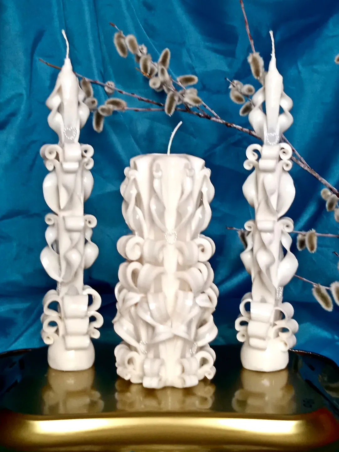Carved candle set, Large candle height is 8 inches, two thin candles height is 9.8 inches