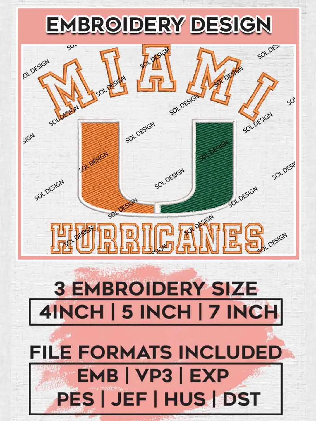NCAA Miami Hurricanes Logo Embroidery Designs, NCAA Miami Hurricanes Logo Embroidery files, NCAA Team, College Football Team Machine embroidery designs, Digital Download