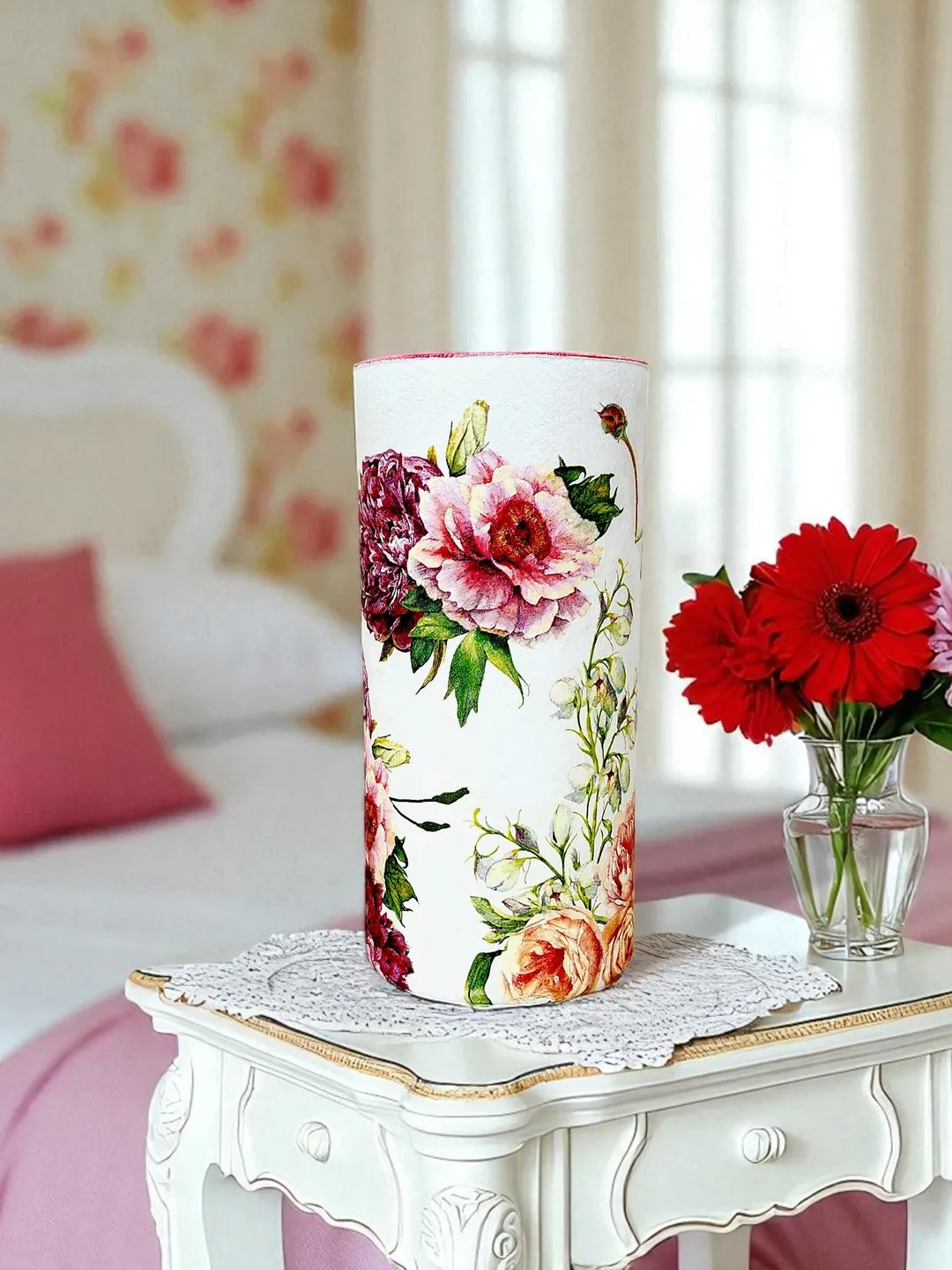 Painted Glass Rose Flower Vase Hand-Painted Floral Home Decor