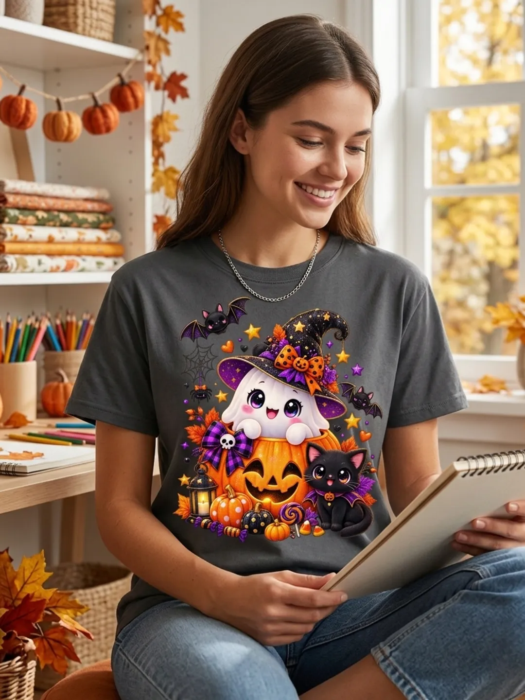 Cute Halloween Ghost in Pumpkin PNG - Black Cat & Witch Hat T-Shirt Design