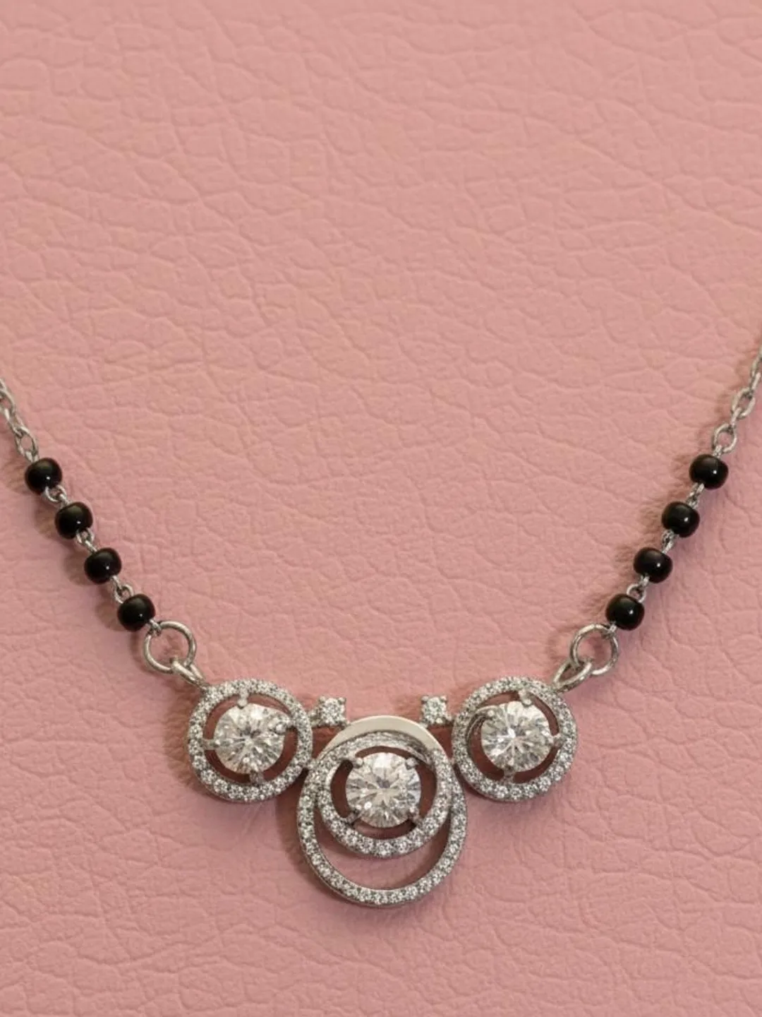 Moissanite Mangalsutra Necklace, Sterling Silver Triple Circle, Black Beads