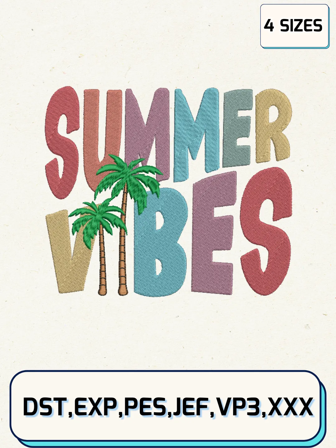 Summer Vibes Logos Embroidery Design Files, Summer Logos Embroidery Designs, Machine Embroidery Files, 4 Sizes