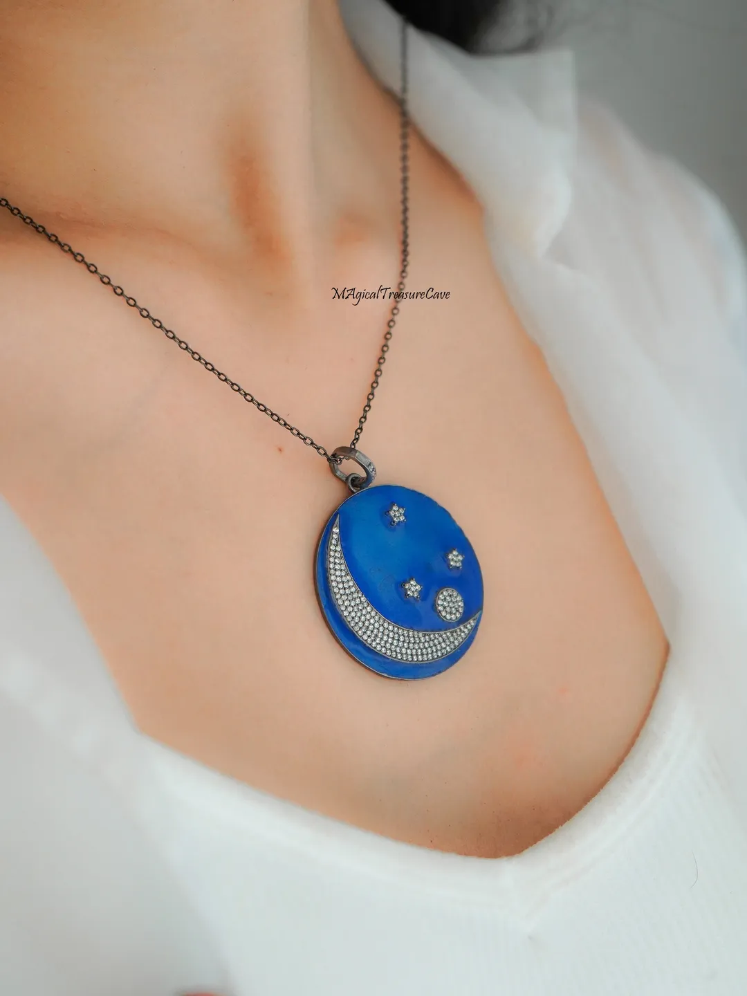CZ Crescent Moon Star Pendant Necklace, Boho Necklace, Blue Enamel Pendant, Moon Pendant Star Charm Necklace, Moon Star, Gift For mom