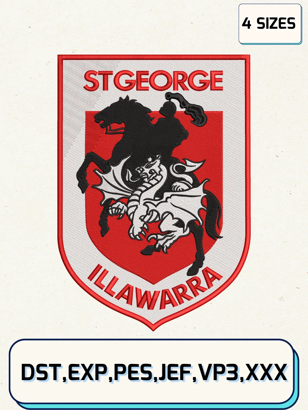 St George Illawarra Dragons Logos Embroidery Design Files, NRL Logos Embroidery Designs, Machine Embroidery Files, 4 Sizes