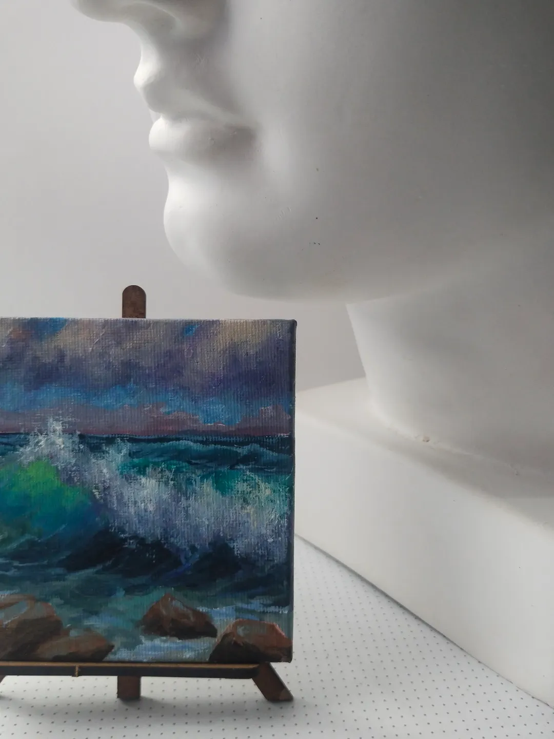 Original Seascape Oil Painting, Miniature canvas with easel, Turquoise Wave art decor, Unique gift for art lover