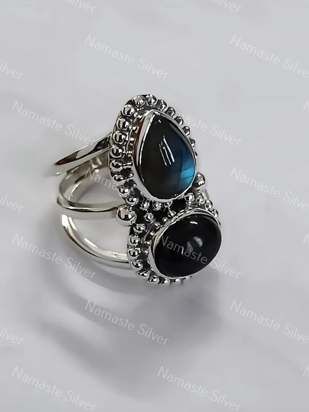 Labradorite Ring Sterling Silver with Black Onyx: Handmade Dual