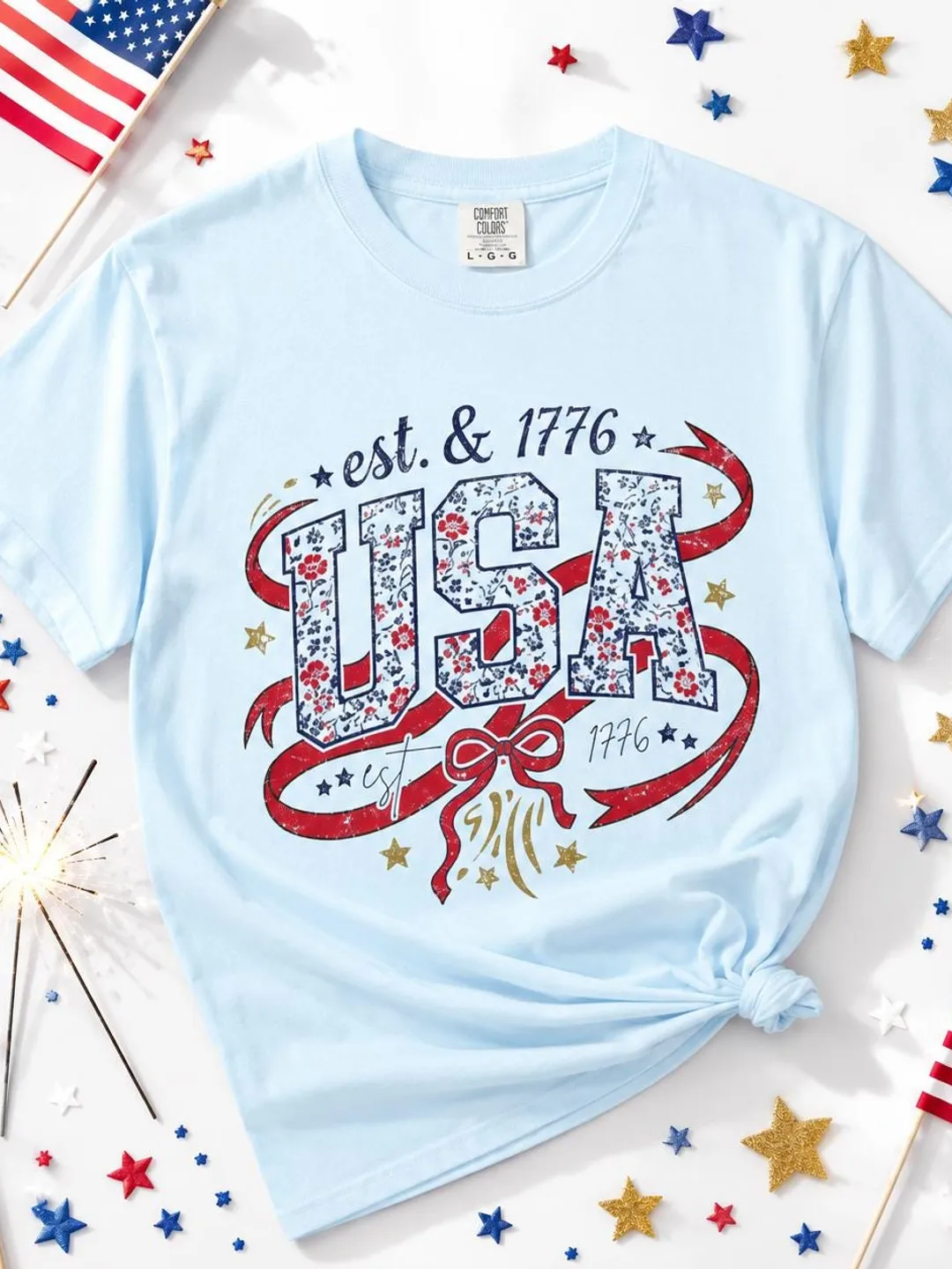 Comfort Colors Floral USA Tee, American Girl 1776 Shirt, Girly 4th of July Top, Patriotic Women Gift