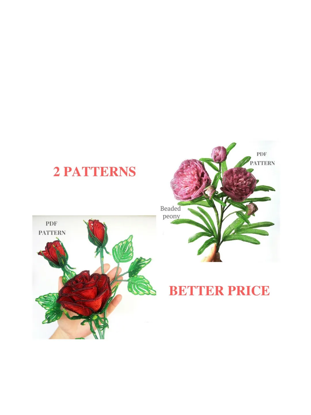 Beaded rose and Peony pattern | Beaded Flowers pattern | Seed bead patterns | Beadwork pattern