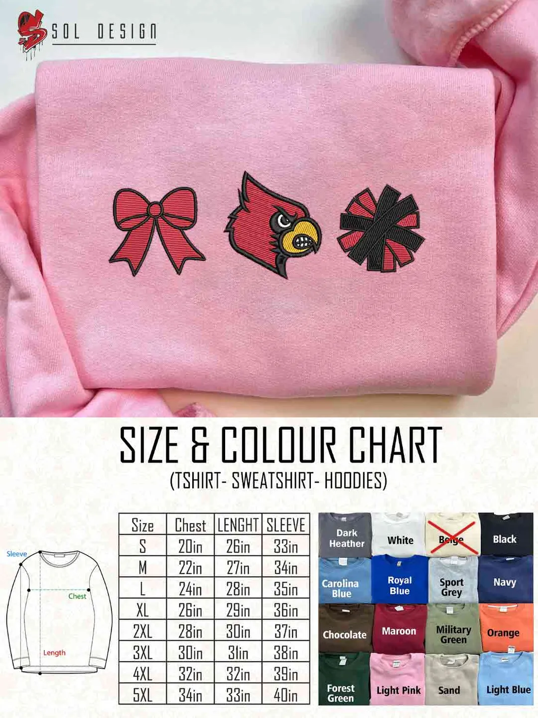 Louisville Cardinal Cheer Poms Bow Embroidered Sweatshirt, Football Embroidered Sweatshirt, Sport Game Day Cheerleader Shirt, Embroidered Hoodie, Unisex Crewneck, College Football Team Fan Gift Tee