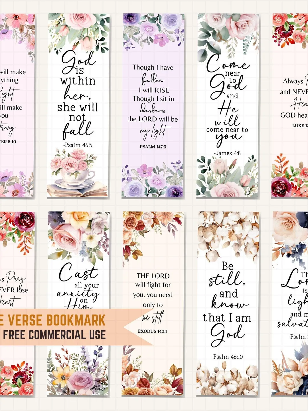 Bible Verse Bookmark PNG Bundle: Christian Scripture, Floral Design ...