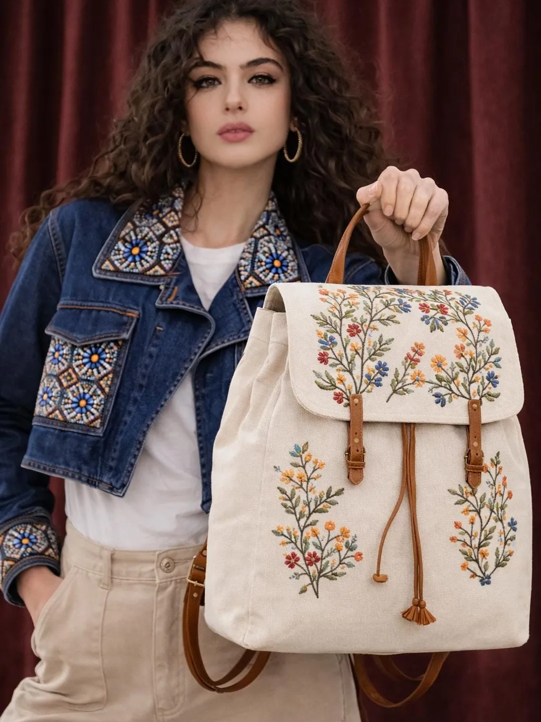 Luxury Hand Embroidered Canvas Backpack, Floral Cottagecore  display picture 2