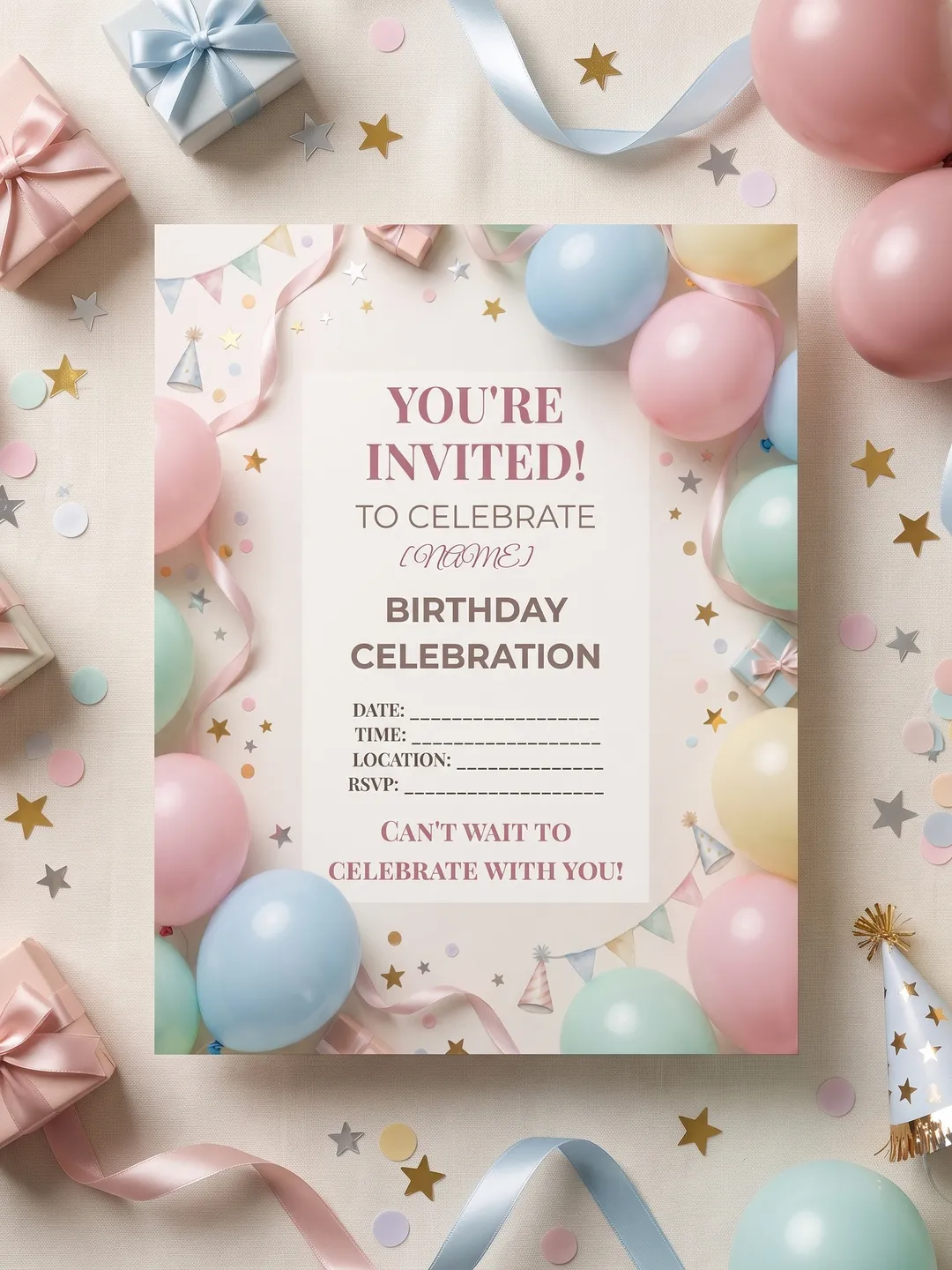 Editable Kids Birthday Invitation Template | Pastel Balloon Party Invite | Digital PPTX Download
