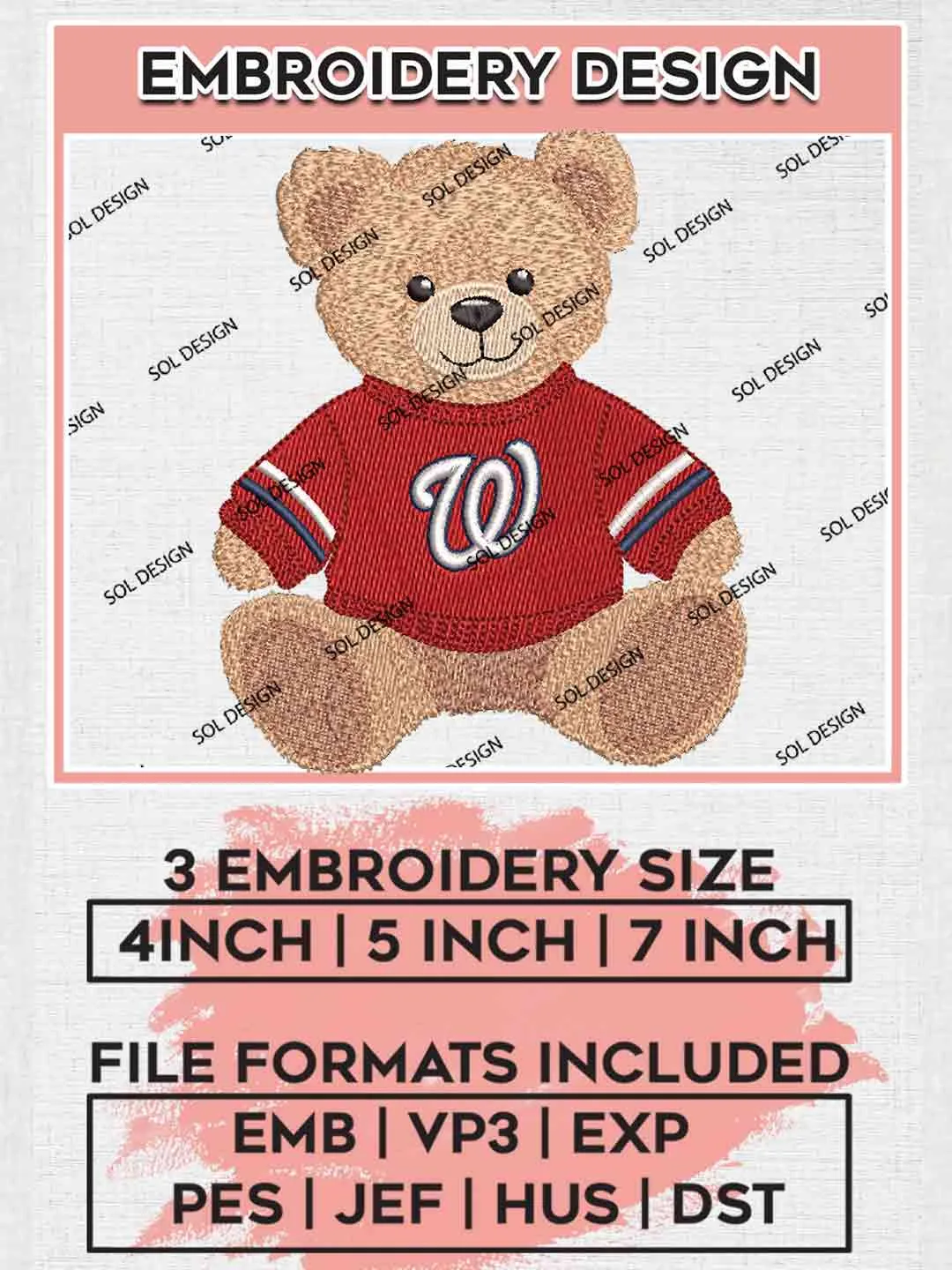 MLB Washington Nationals Teddy Bear Embroidery Designs, Vintage Sport Bear Baseball Embroidery Design Files, MLB Nationals Team, Cute Teddy Bear Embroidery, MLB Washington Nationals Embroidery, Digital Download
