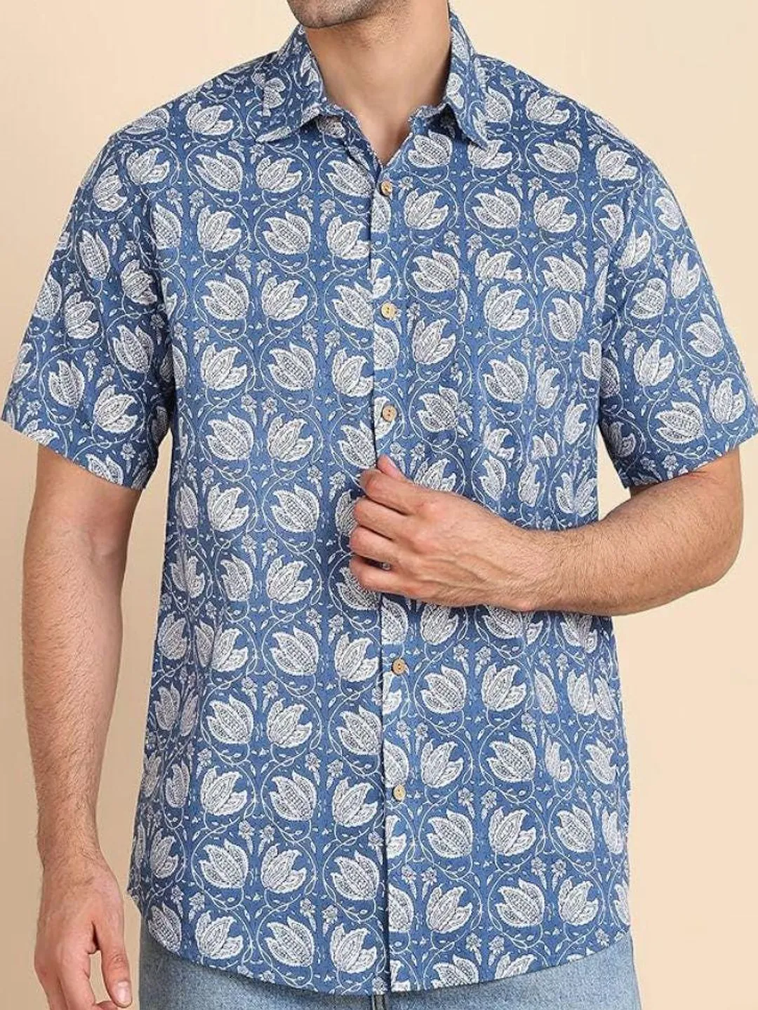 Men's Indigo Floral Shirt | Hand Block Print Cotton Short Sleeve
