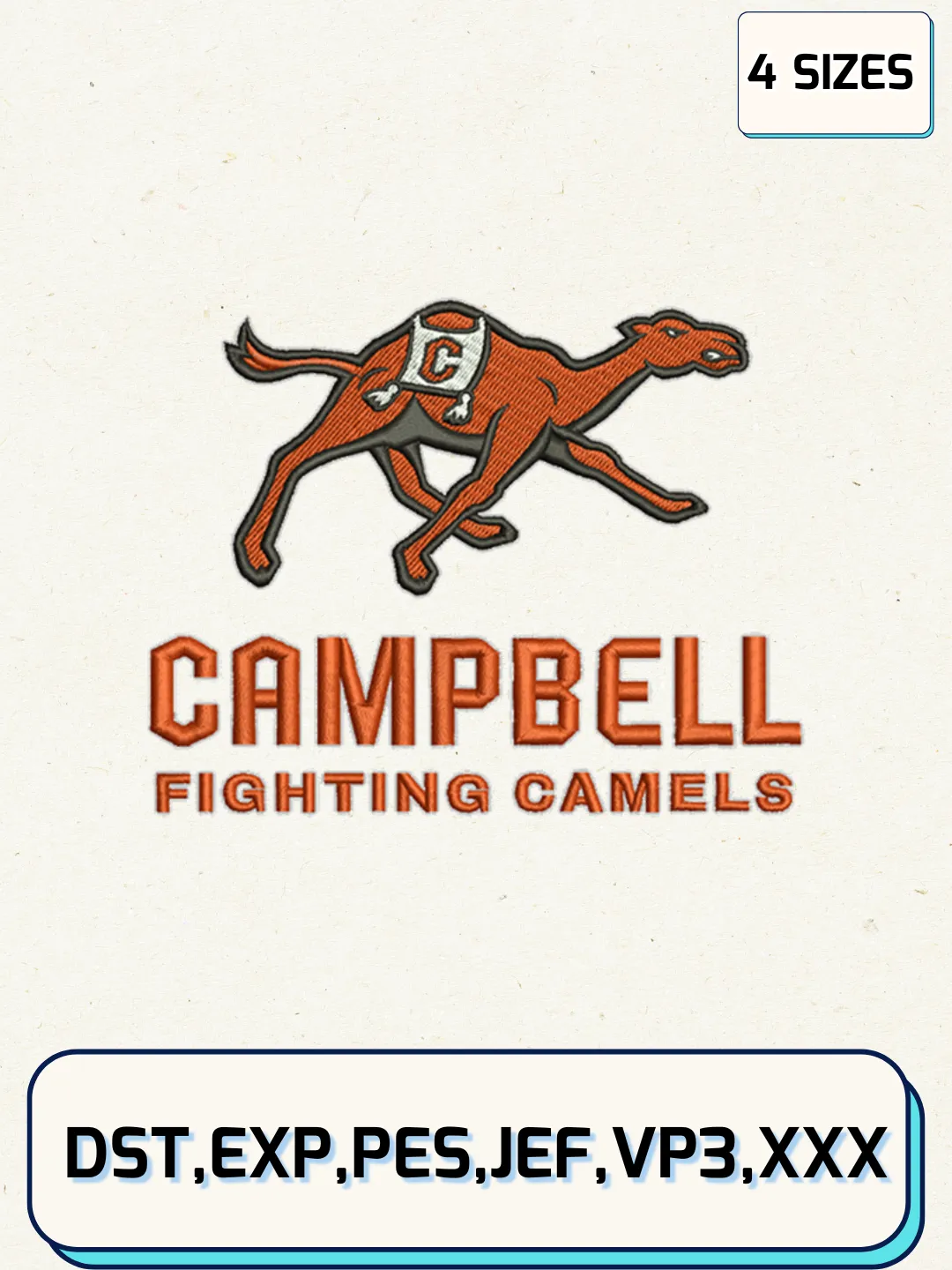 Campbell Fighting Camels Embroidery Design Files, NCAA Logos Embroidery Designs, Machine Embroidery Files, 4 Sizes