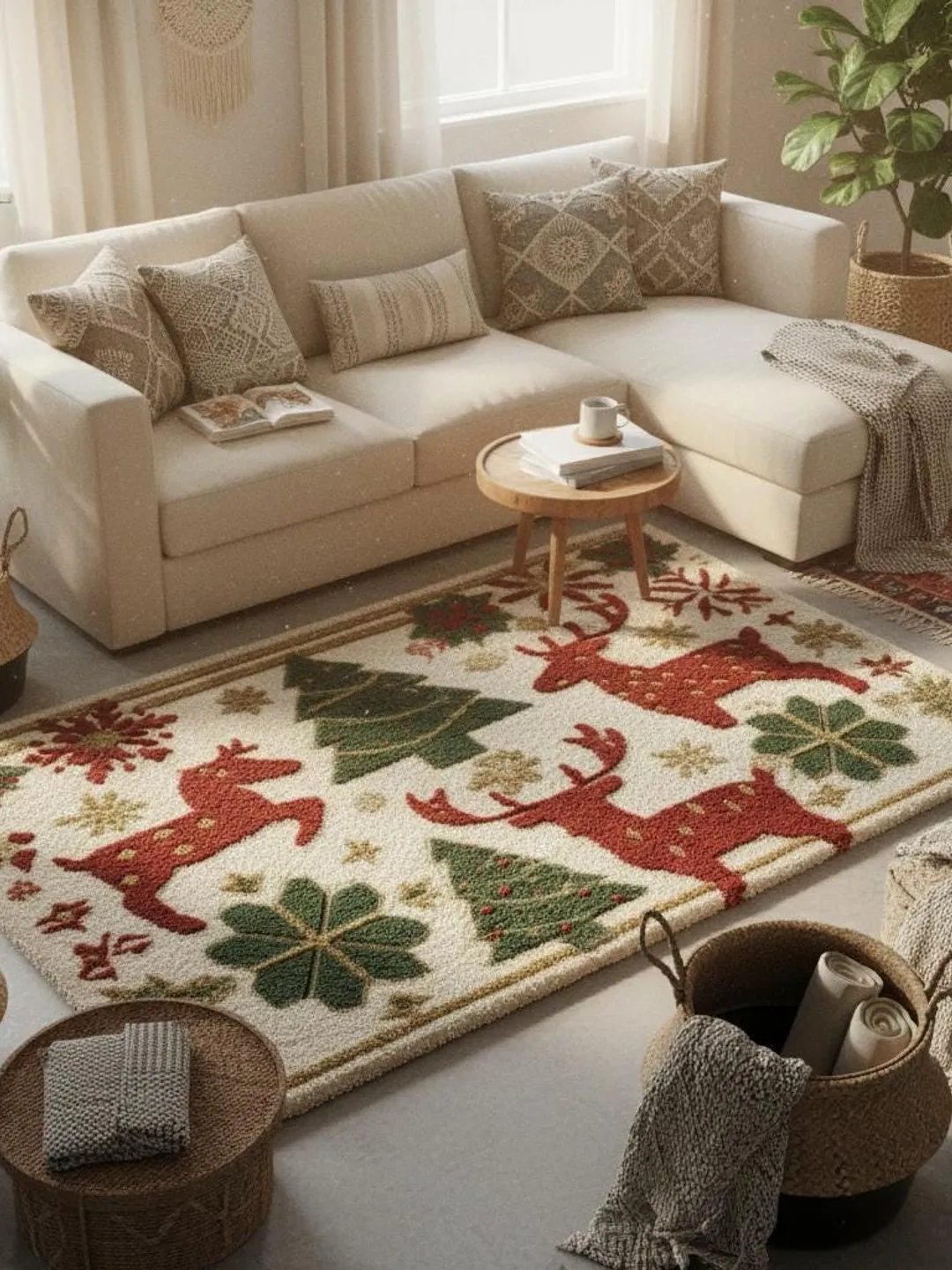 Tufted Christmas Rug – Reindeer & Tree Holiday Accent Carpet