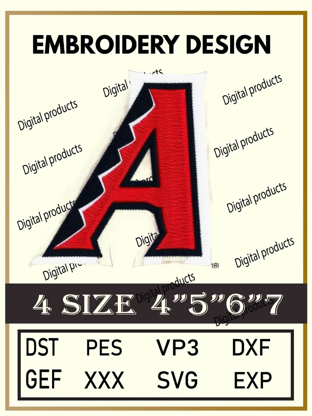 Letter A Embroidery Design Digital Pattern with Red Detailing and Jagged Black‑White Border for Machine Embroidery Projects in Four Sizes with Multiple Compatible Formats Including DST, PES, VP3, DXF, GEF, XXX, SVG, EXP