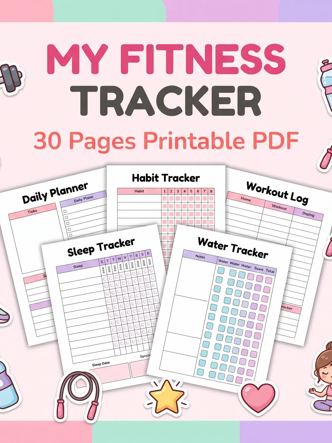 My Activity Tracker My Fitness Tracker — 30-Page Printable PDF | Habit Tracker, Workout Log ...