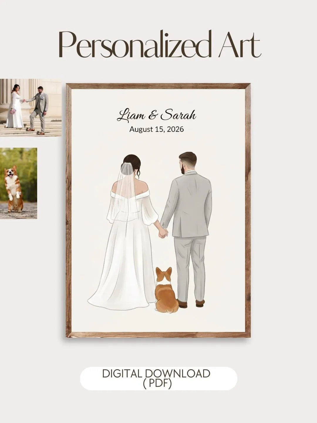 Personalized wedding and pet portrait, couple and dog cartoon illustration, first anniversary gift, Bride Groom and pet artwork, Family art