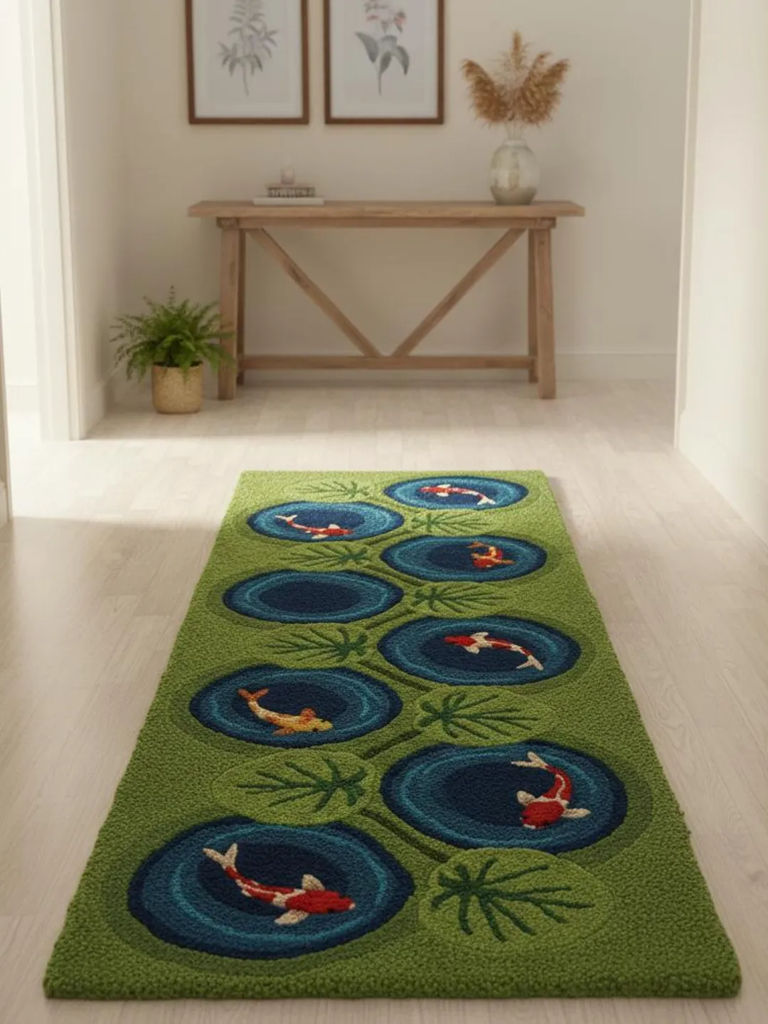 Koi Fish Lily Pad Runner Rug for Hallway, Entryway & Home Decor.