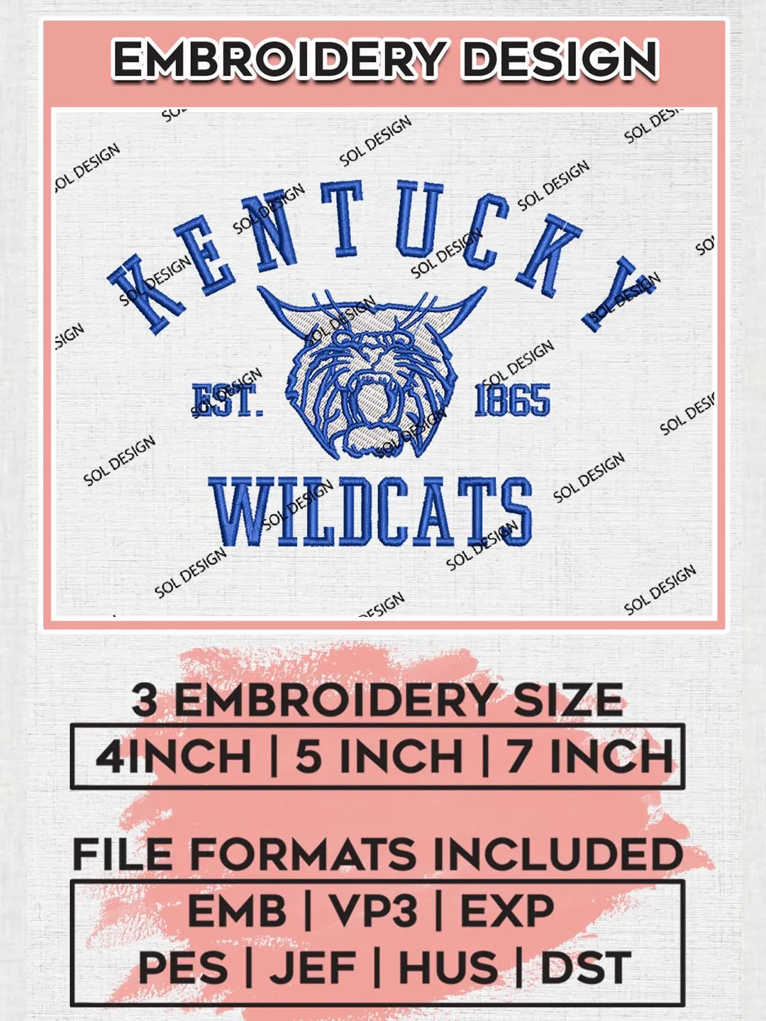 Kentucky Wildcats Est 1865 Logo Embroidery Designs, NCAA Kentucky Wildcats Team Embroidery, NCAA Team Logo, 3 sizes, Machine embroidery Files, Digital Download