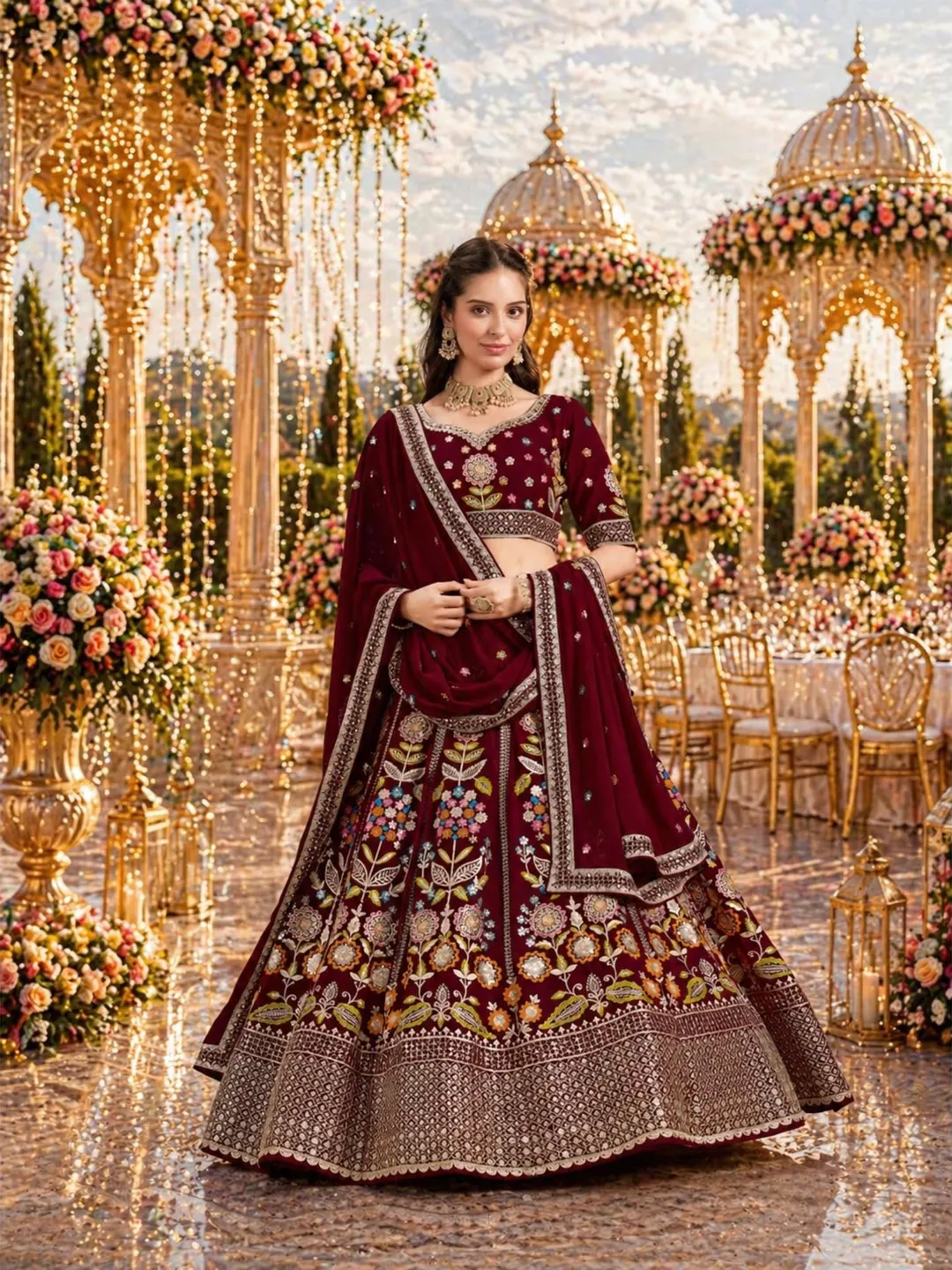 Maroon Georgette Lehenga Choli For Women: Sequin Embroidery Indian Wedding Wear Ready To Wear