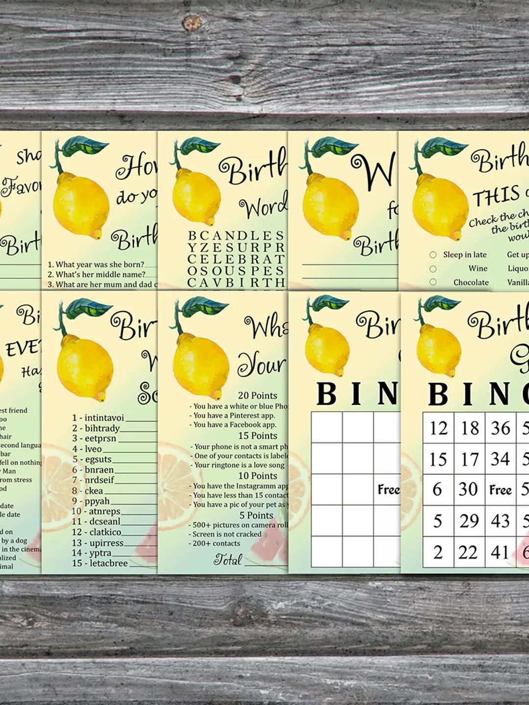 Lemon Birthday Party Games bundle,Adult birthday games package,Printable Birthday Games,INSTANT DOWNLOAD