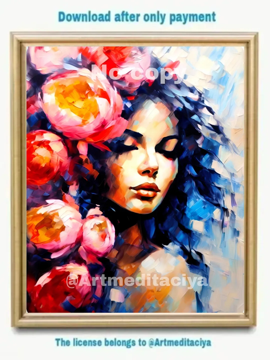 Digital abstract texture painting "Girl in pink peonies". This is a vivid image of a mysterious brunette with flowing hair on an abstract background in the style of oil painting with a palette knife