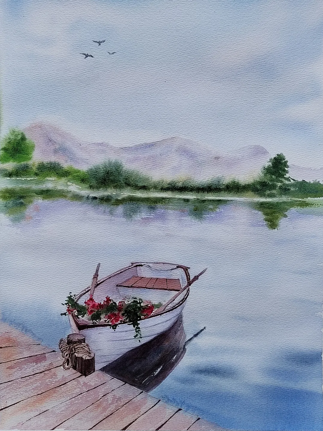 Original Watercolor Painting Water Landscape Art White Boat Artwork 30x40 cm by SoftWaves