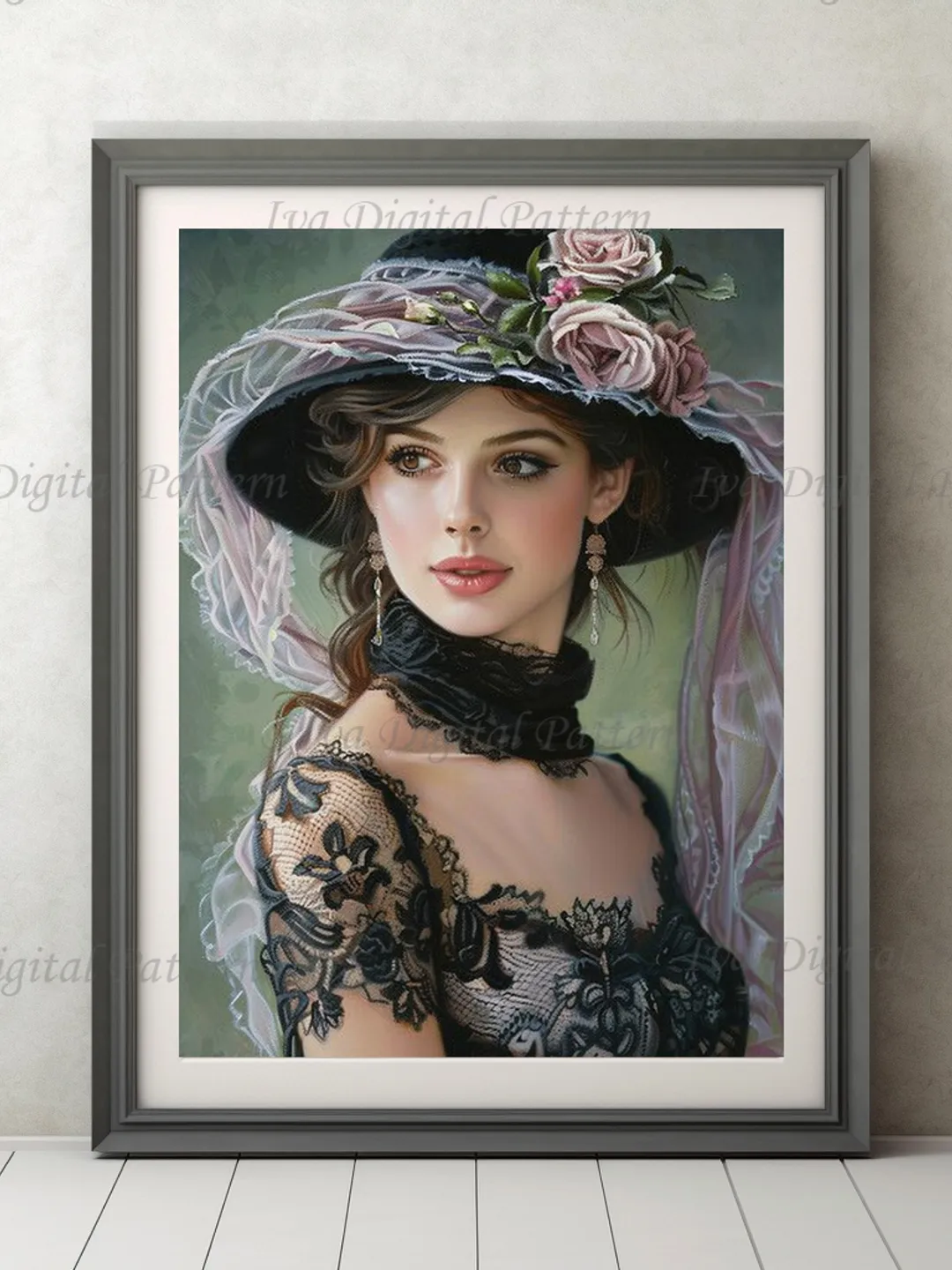 French woman. Romantic girl with a hat. Digital painting. Digital illustration.Wall decor in pastel colors. Parisienne. Instant download.