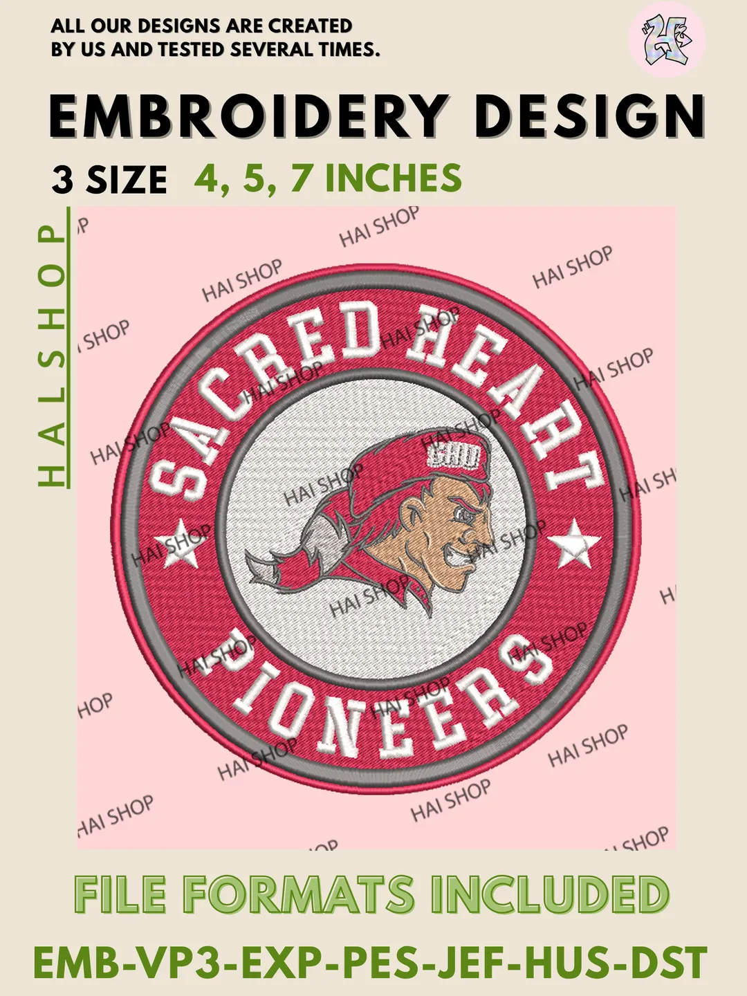 Sacred Heart Pioneers Embroidery Design, NCAA Sacred Heart Pioneers Logo Machine Embroidery Files, Digital Download
