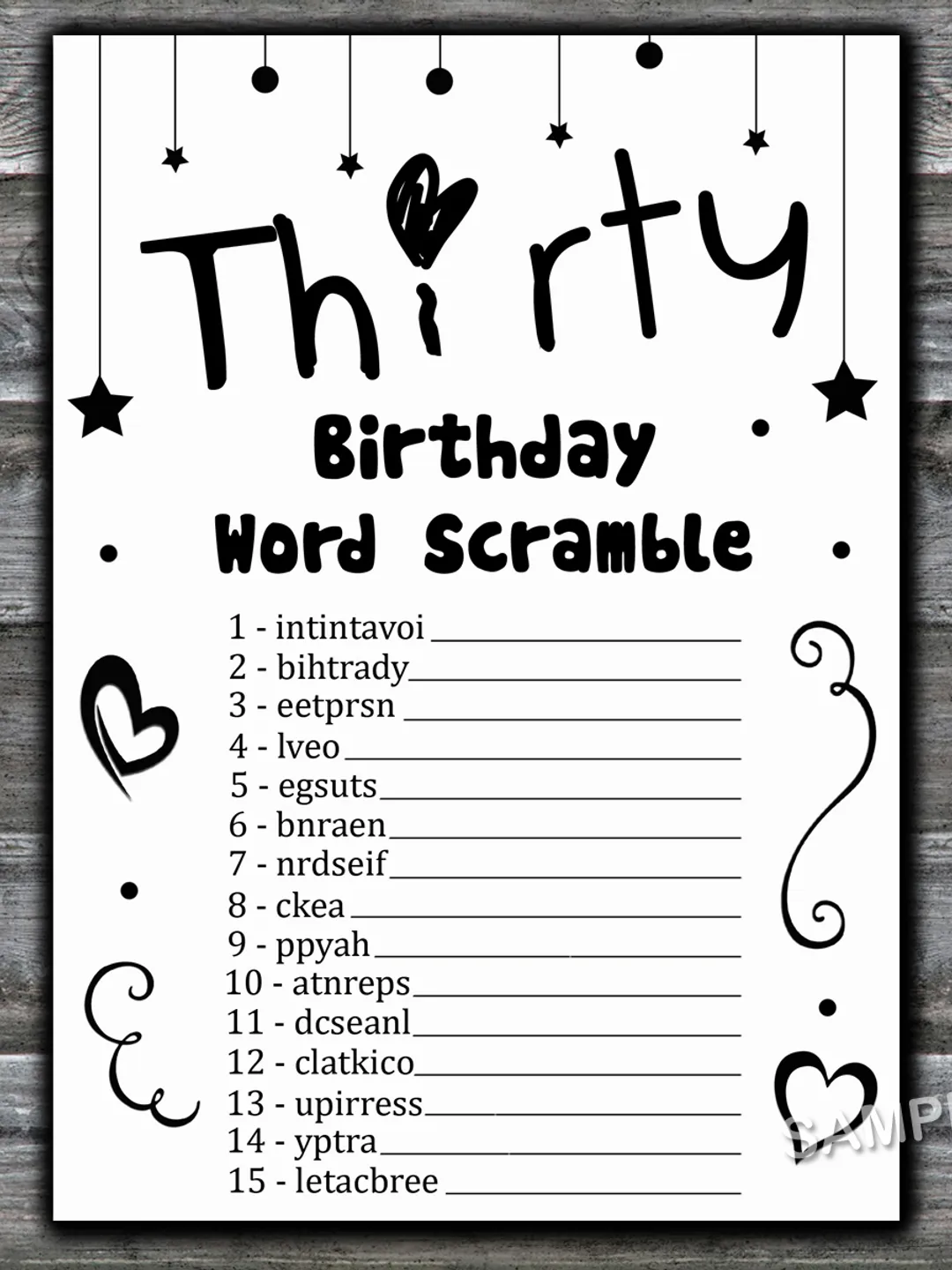 Thirty Birthday Word Scramble Game,Adult Birthday party game-fun games for her-Instant download