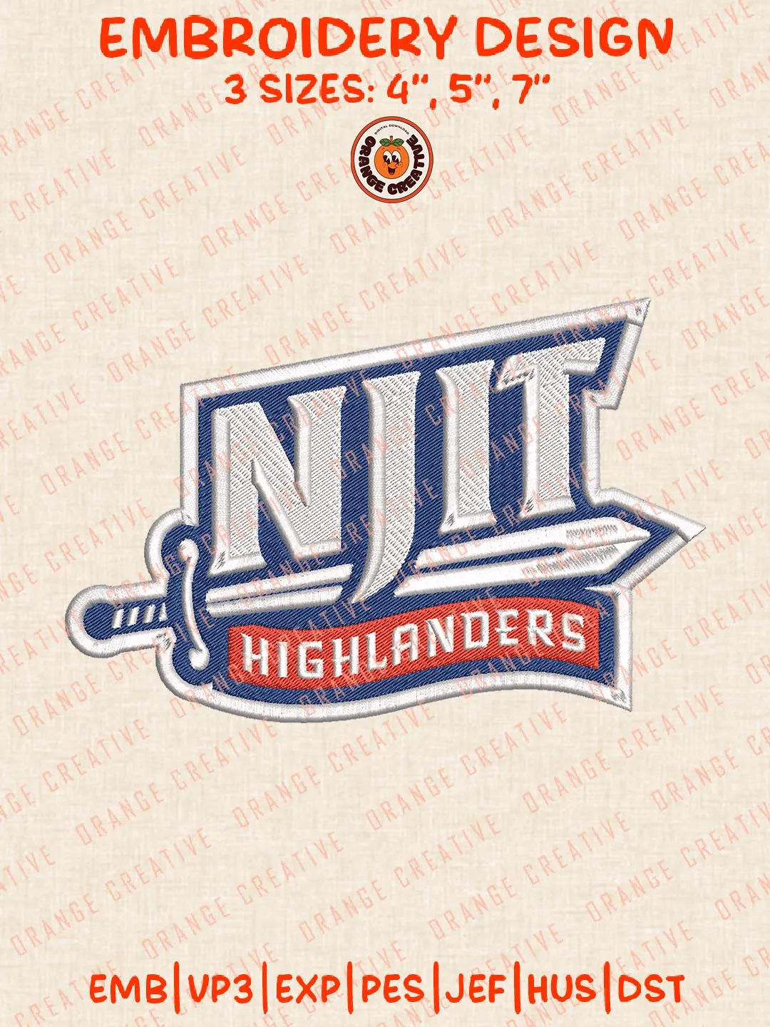 NCAA NJIT Highlanders Logos Embroidery Design Files, NCAA Logos Embroidery Designs, Machine Embroidery Files, 4 Sizes, Custom Sizes