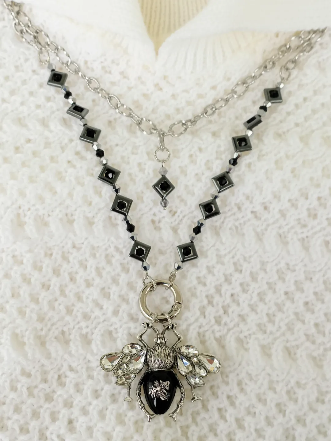 Handmade luxury bee necklace, silver bee pendant, statement bee jewelry, bee gift for her, long bee necklace