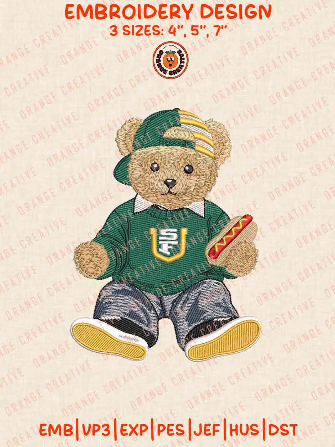 San Francisco Don Bear With Hot Dog Embroidery Design Files, Football Embroidery Designs, Sport Machine Embroidery Files, 3 Sizes, Custom Sizes, Instant Download