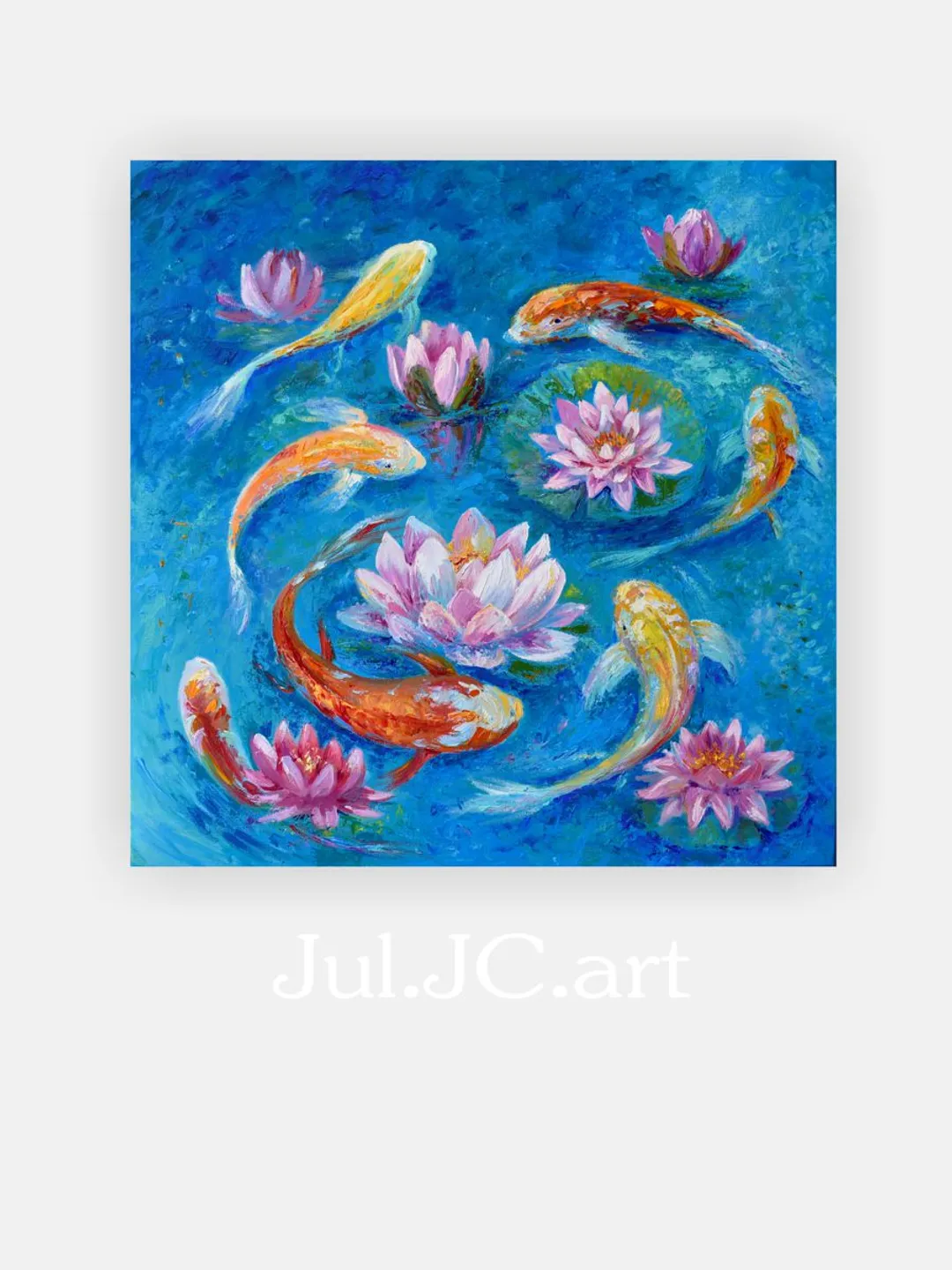 Koi Painting Original Art Fishes in the pond artwork 24 by 24 inch Water lilies art Koi fish Lotus oil painting