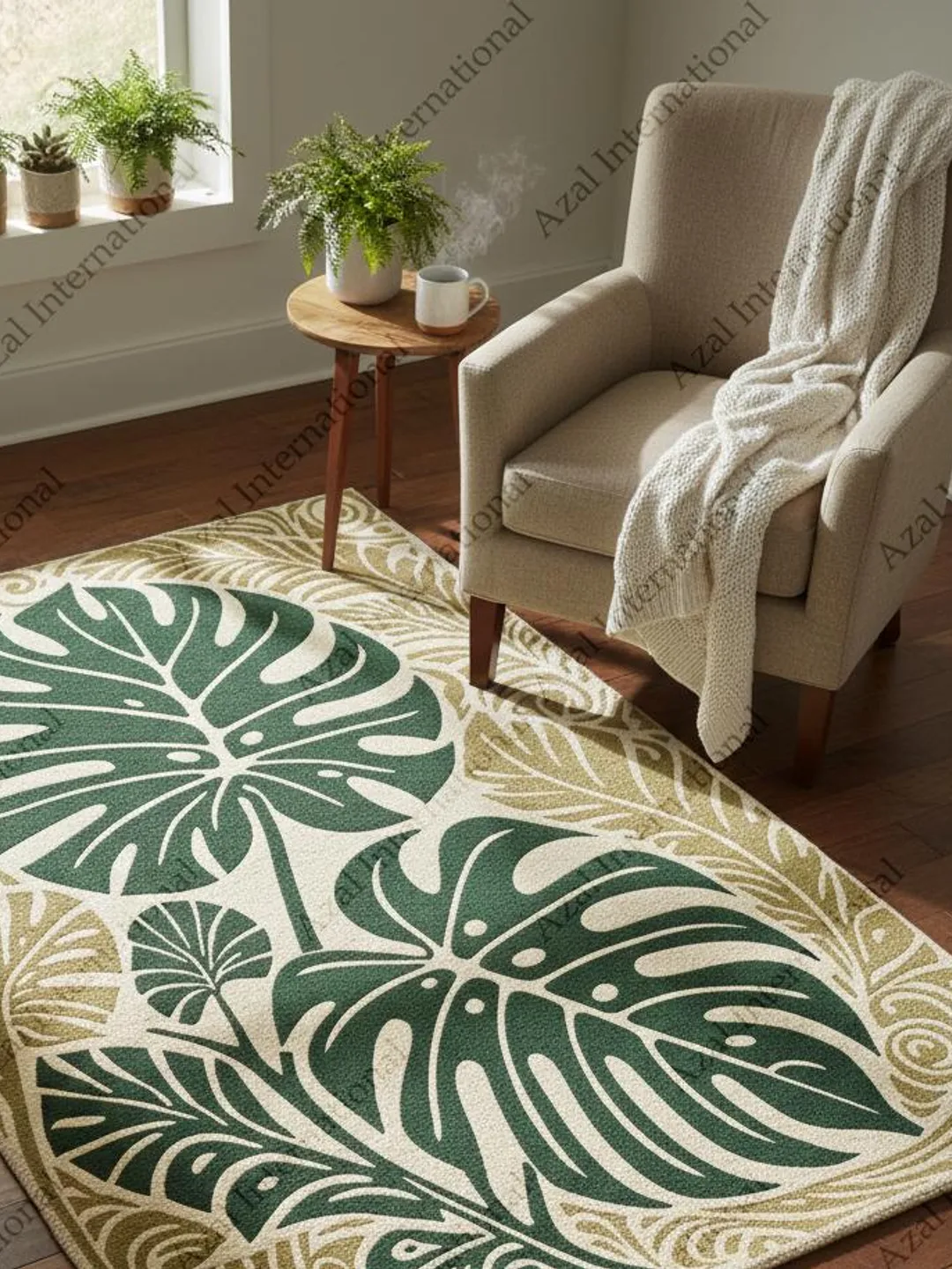 Hand Tufted Tropical Monstera Leaf Area Rug in Green and Beige ...
