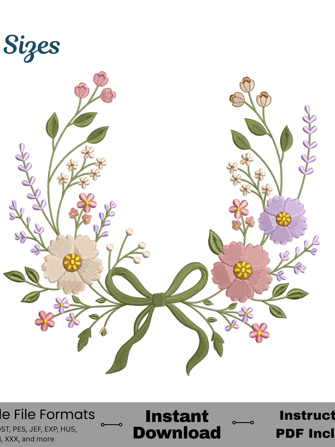 Floral Wreath Embroidery Design Wildflower Bouquet Bow Machine Embroidery 5 Sizes DST PES JEF HUS VP3 Instant Download Wedding Embroidery Spring Flowers Lavender Design Girl Embroidery Botanical Monogram Wreath Frame Embroidery Design Floral Wedding Frame
