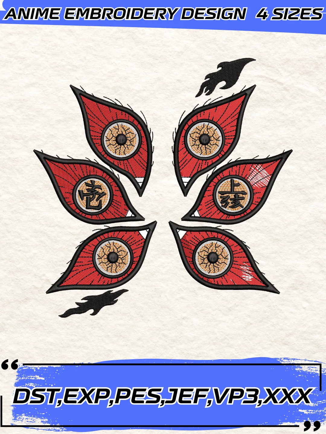 Six Eyes of Kokushibo Embroidery Design, Anime Demon Slayer Embroidery Design,4 Sizes, Digital Download
