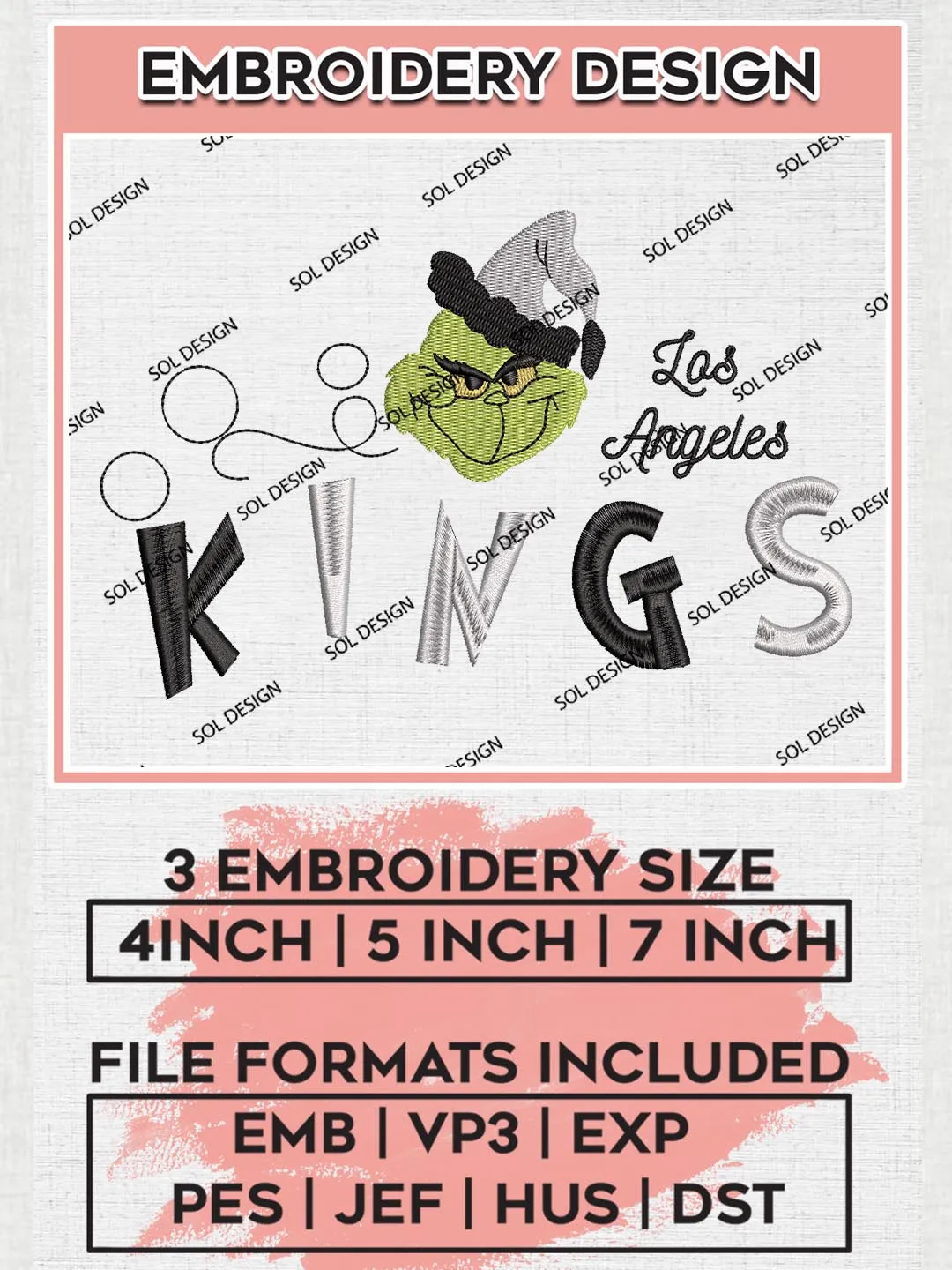 Grinch Los Angeles Kings Embroidery Designs, Grinch Christmas Embroidery Files, NHL Kings Machine Embroidery Designs, NHL Los Angeles Kings Logo, NHL Christmas Machine Embroidery Design, Digital Download