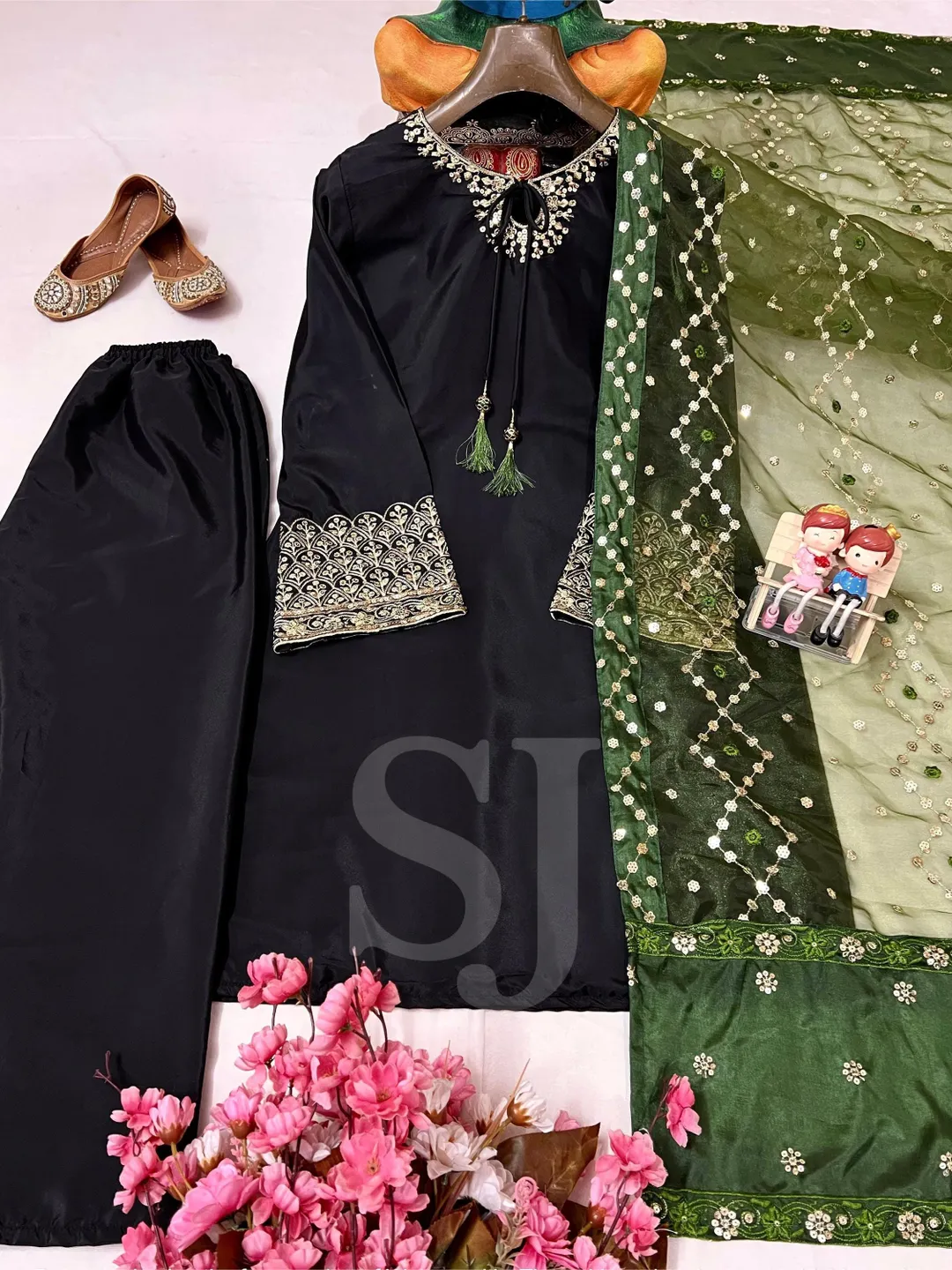 Crepe Silk Kurta Palazzo With Embroidered Dupatta Set, Pakistani Salwar Kameez Readymade Set, Black Palazzo Suit, 3 Piece Combo Salwar Suit