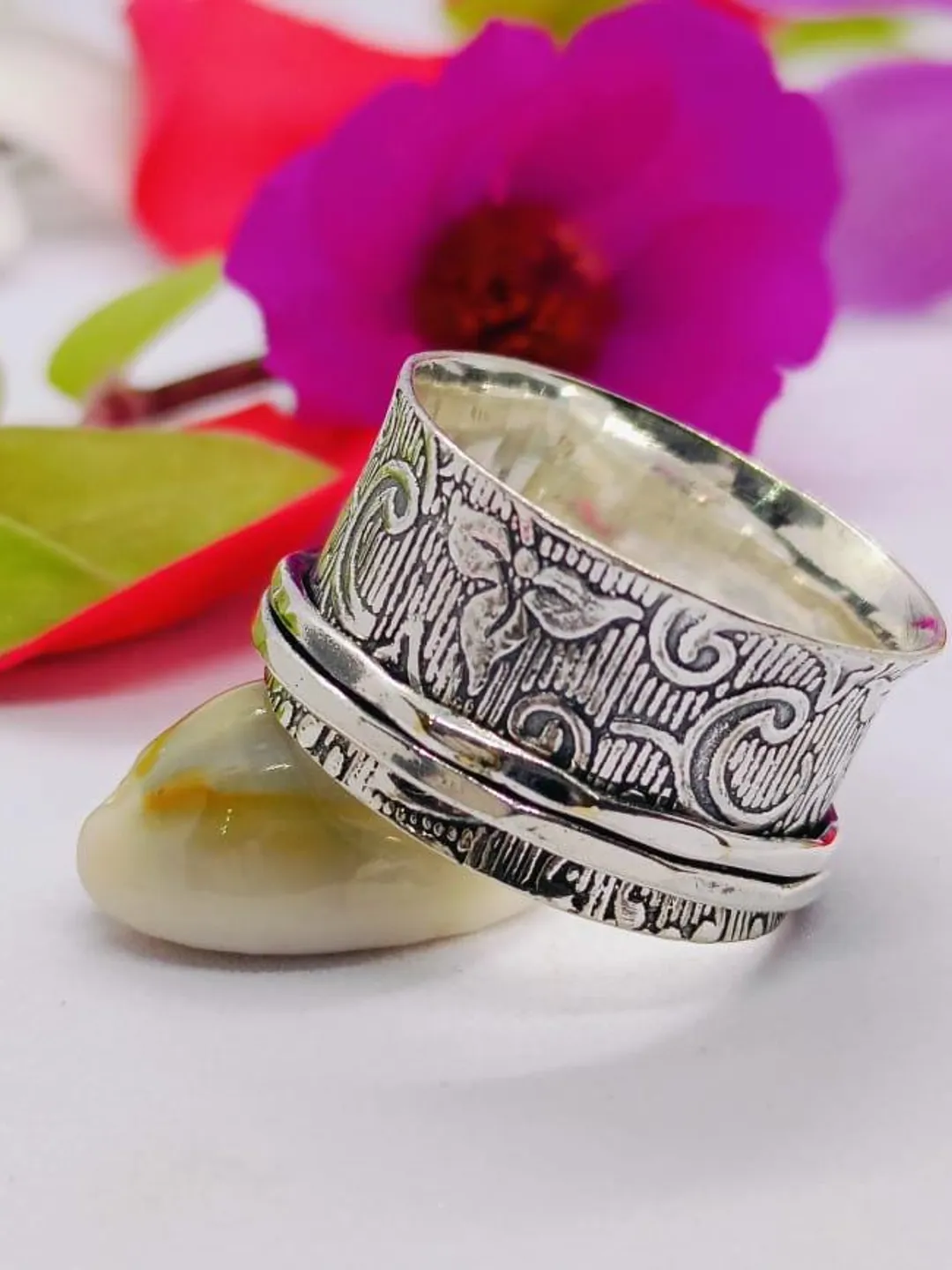 Handmade Sterling Silver Spinner Ring: Wide Band Boho Meditation Jewelry
